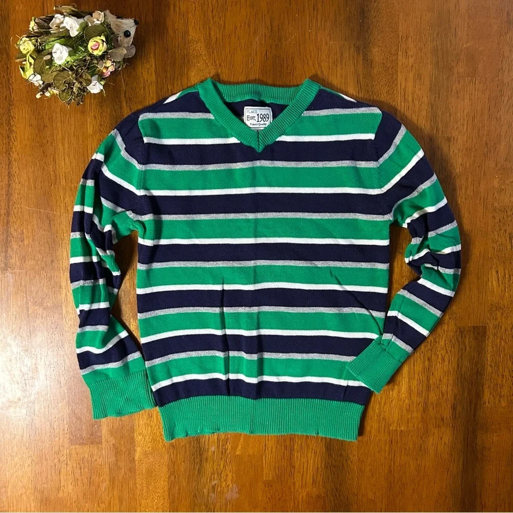 Striped Cotton V-Neck Sweater | Boys Size Small (5/6) | Navy & Green